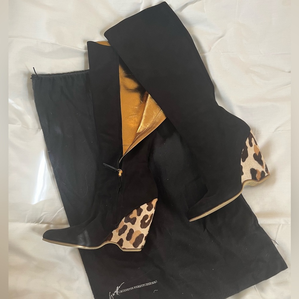 GIUSEPPE ZANOTTI Black Suede
Leopard Animal Wedge Knee High
Boots